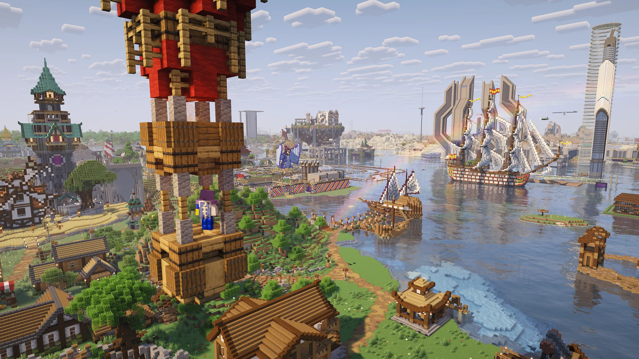 View of Vanilla Europa’s spawn-surrounding builds from the vantage point of a hot-air balloon.